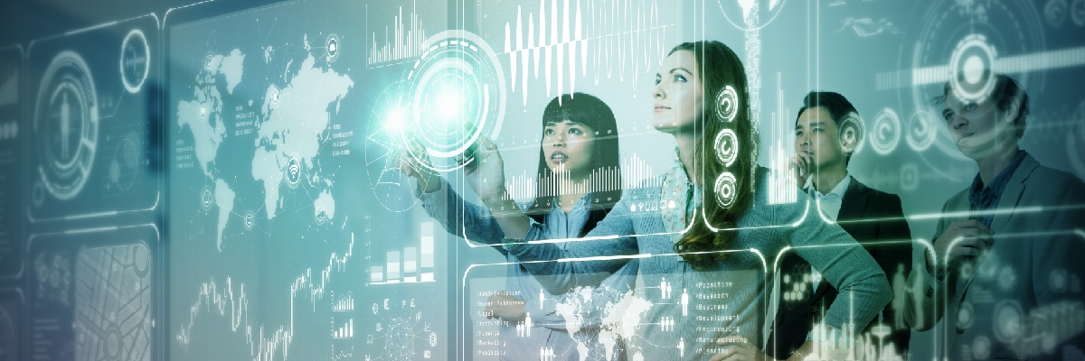 People Studying a Transparent Screen with Analytics Data