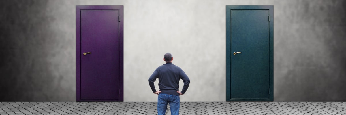 Back View of Man Between Two Different Doors