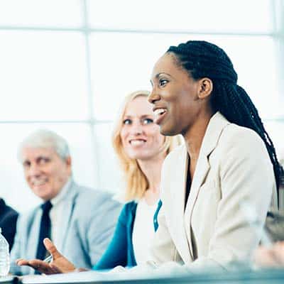 training company employees talking with clients