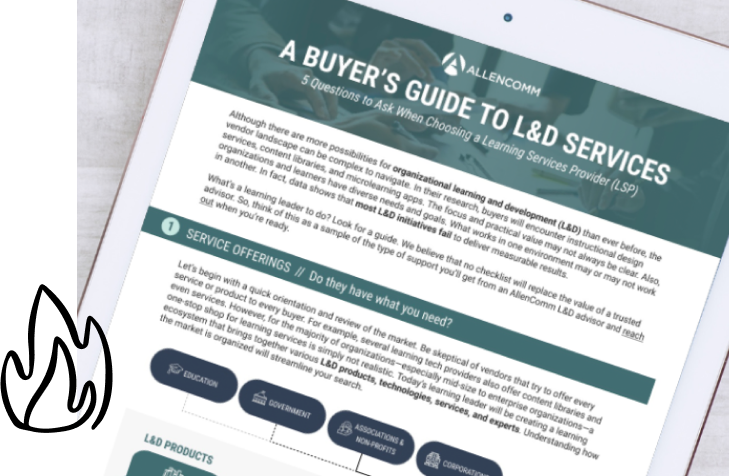 Image displays a digital tablet featuring a buyer's guide for L&D services