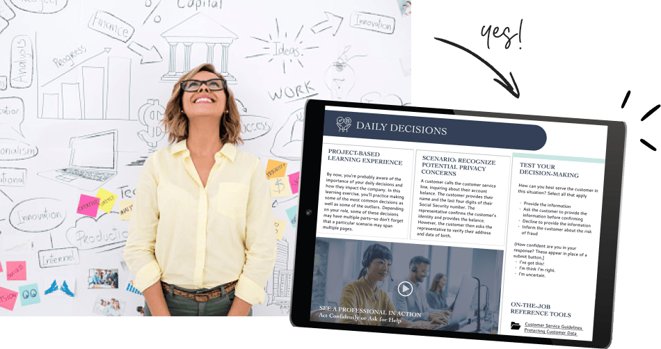 This image features a woman standing in front of a whiteboard of ideas next to a tablet