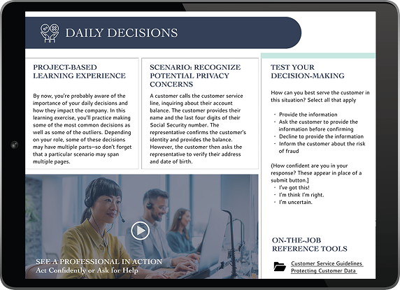 The image shows a tablet displaying a "Daily Decisions"