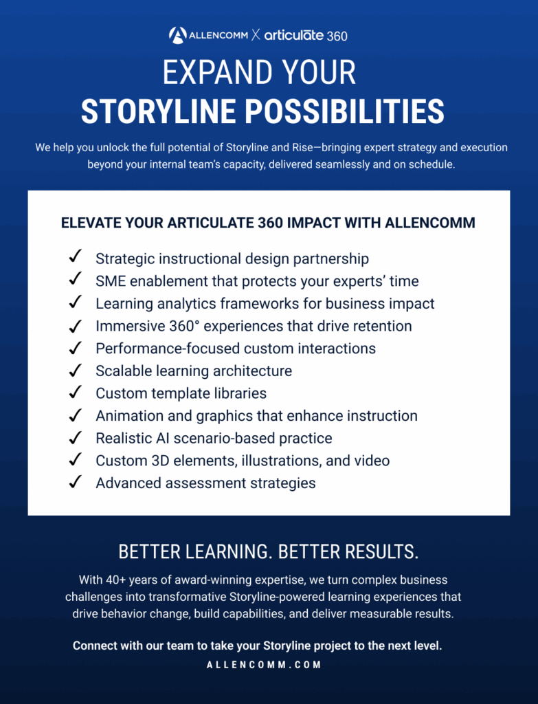 AllenComm and Articulate 360 partnership graphic promoting Storyline and Rise development solutions. Highlights include strategic instructional design, SME enablement, learning analytics, immersive 360° experiences, AI-based scenarios, and advanced assessment strategies.