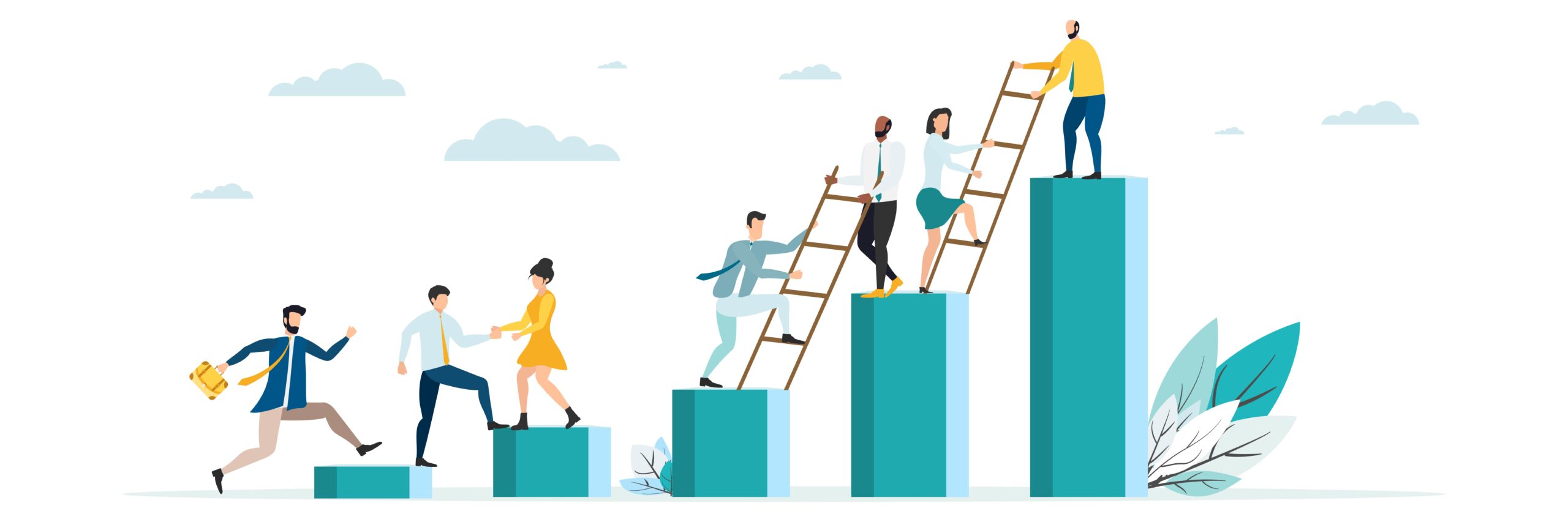 Leaders helping each other climb steps and ladders symbolizing leadership development and professional growth